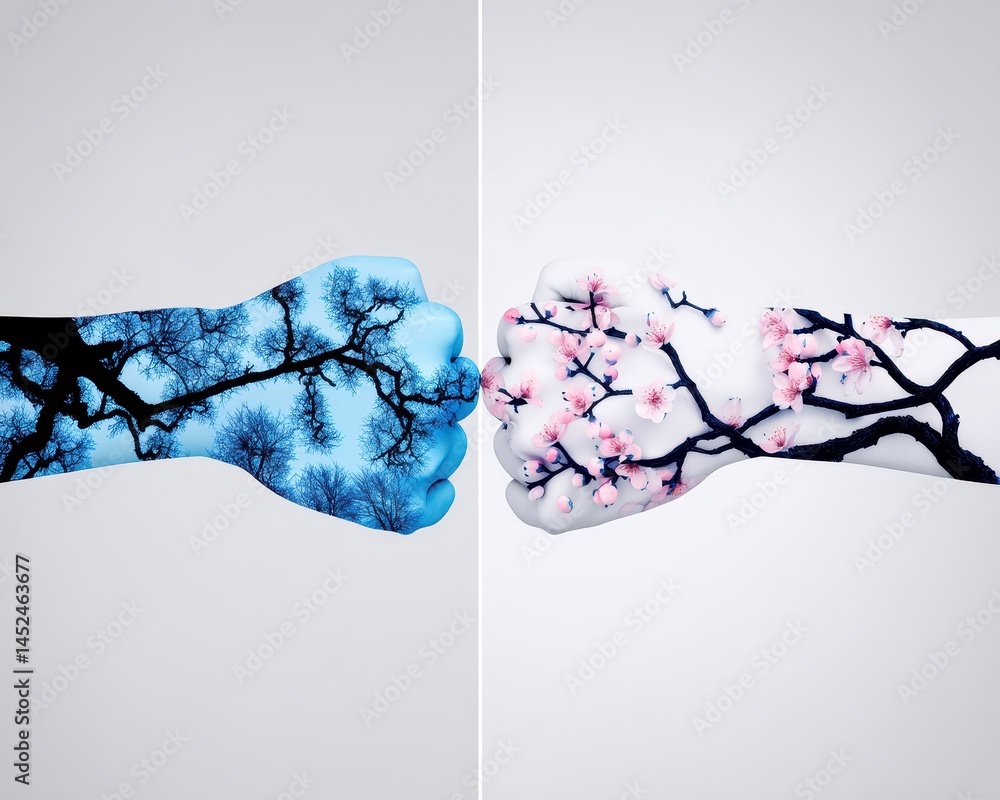 Poster harmony of hands in double exposure: artistic representation of unity and nature with floral and tre