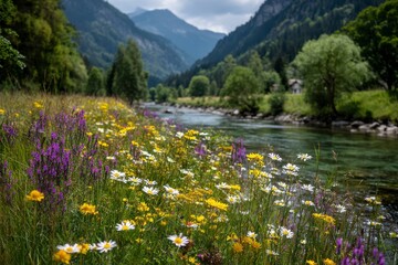 Vibrant Wildflowers by a Serene Mountain River Landscape in Nature