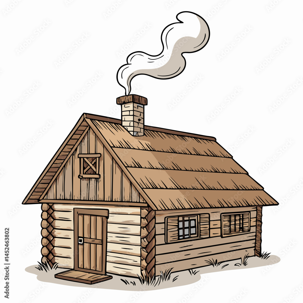 Poster create a bold vector illustration of a rustic log cabin emitting smoke from its chimney, emphasizing