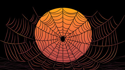 Obraz premium Spiderweb over a sunset. A large spiderweb with a spider in the center stretches across a setting sun