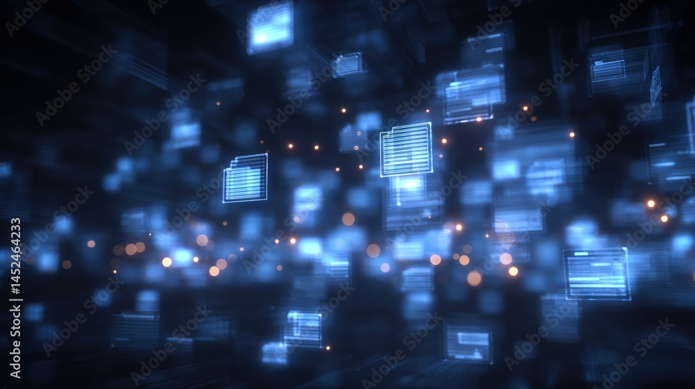 Poster abstract network grid with files and folders, futuristic software interface, digital document manage