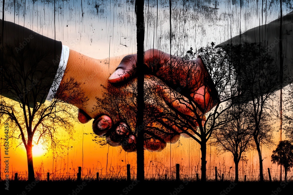 Aufkleber harmony of hands in double exposure with nature elements at sunset - artistic representation of frie