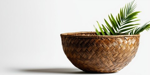 Fototapeta premium A woven wicker basket with green palm leaves inside, placed on a plain white background.
