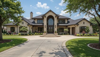 Luxury Home Exterior, Elegant Stone Mansion, Spacious Driveway, Landscaped Gardens