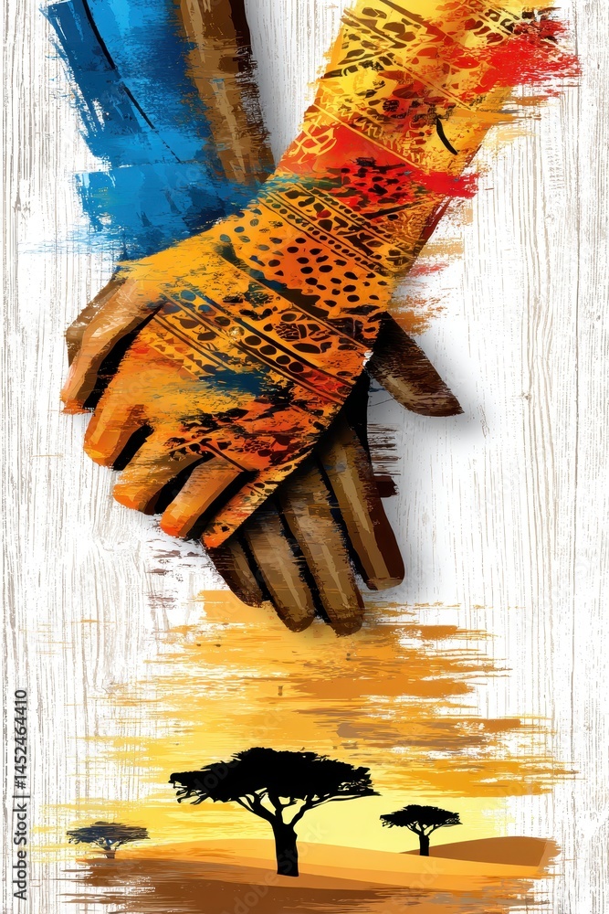 Poster harmony of hands illustrating unity and diversity through vibrant colors and artistic expression wit