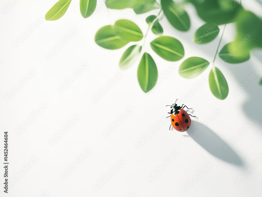 Poster close-up view of a bright red ladybug crawling on a light background surrounded by lush green leafy 