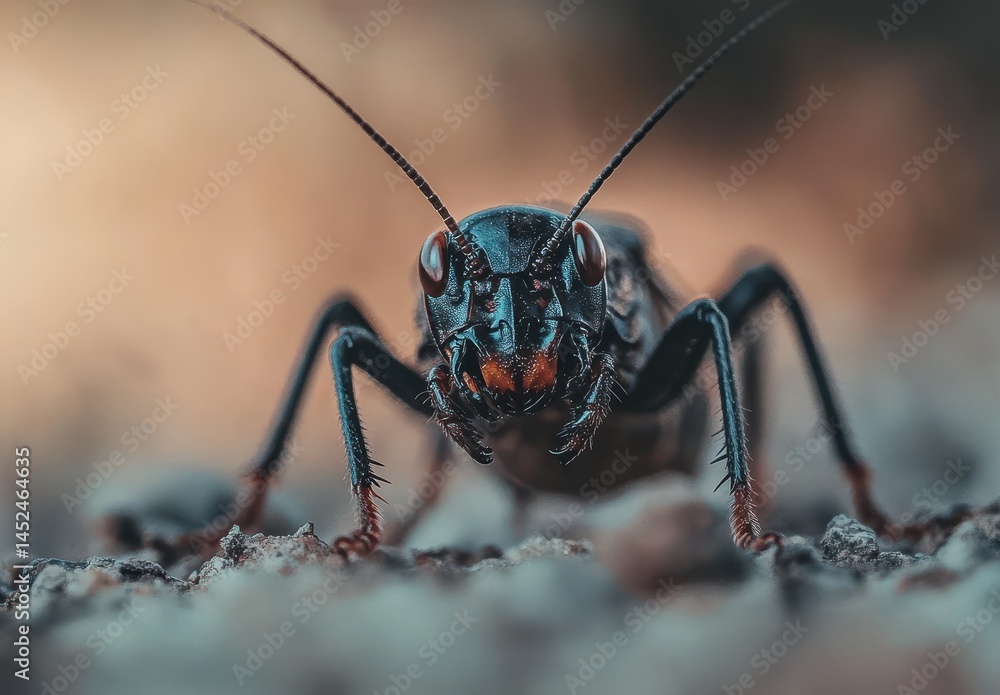 Poster close-up view of a black insect with antennae and sharp features on ground showing detail and textur