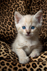a light cream-colored kitten with striking blue eyes