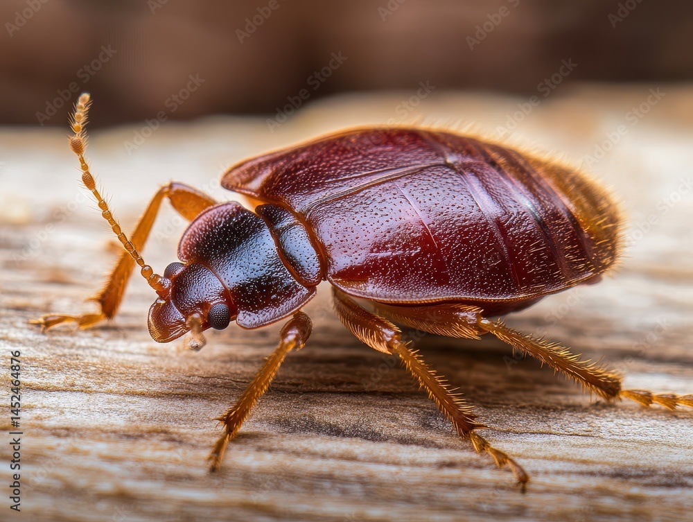 Poster close-up view of a brown bed bug crawling on wooden surface with detailed texture and color patterns