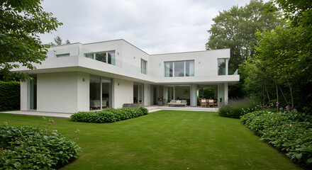 Modern White Villa With Green Lawn And Trees In Summer