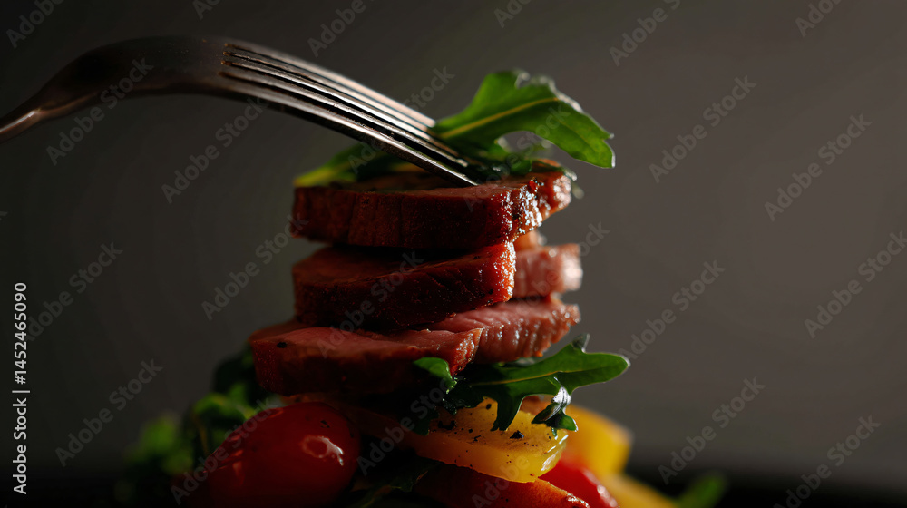 Poster a peck of meat and vegetables on a branching ready to bite into.