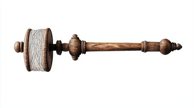 A vintage wooden spinning tool with thread wound around its spool, displayed on a white background.