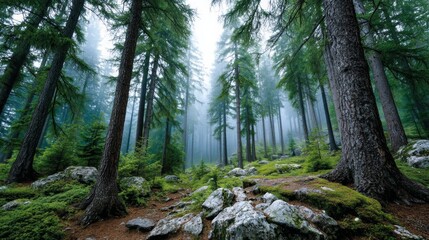 Obraz premium Forests absorbing co2 majestic woodland nature photography misty environment ground-level view sustainable ecosystems