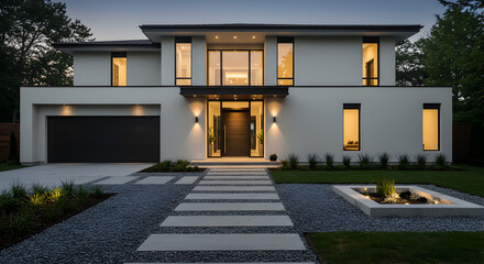 Obraz premium Exterior Of Modern House With Garden During Night Time
