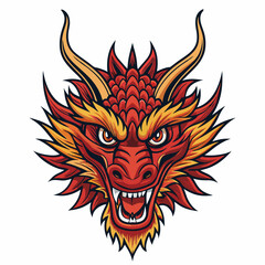 Create a vector illustration of a bold, stylized Chinese dragon head with thick, black strokes, emphasizing powerful features and intricate details.