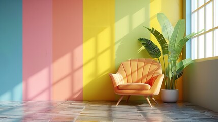Pink and Yellow Room Interior With a Single Chair and Window with tropical plant sunlight through window.