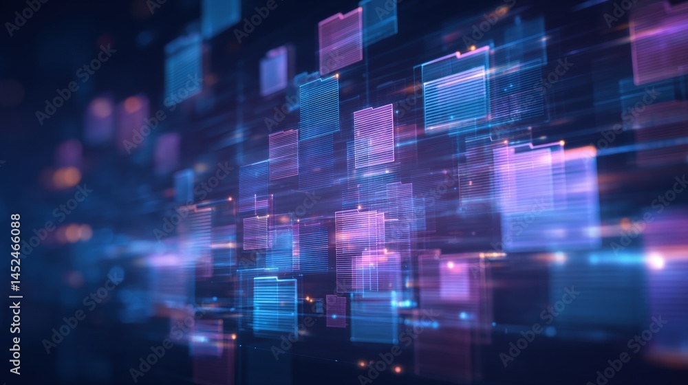 Poster abstract network grid with files and folders, futuristic software interface, digital document manage