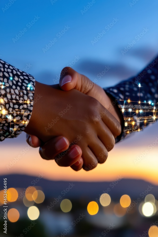 Aufkleber double exposure illustration of two hands shaking with sparkling bokeh background at sunset imagery 