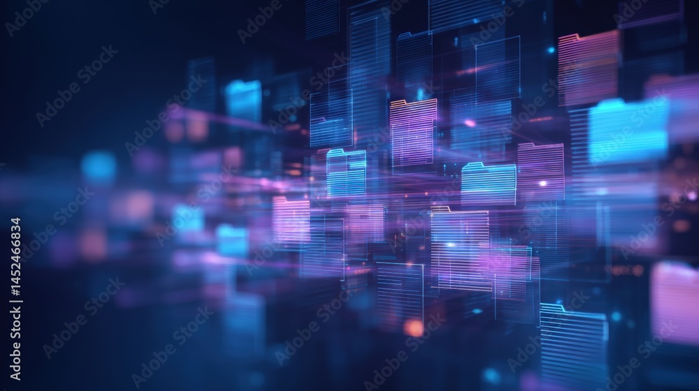Poster abstract network grid with files and folders, futuristic software interface, digital document manage