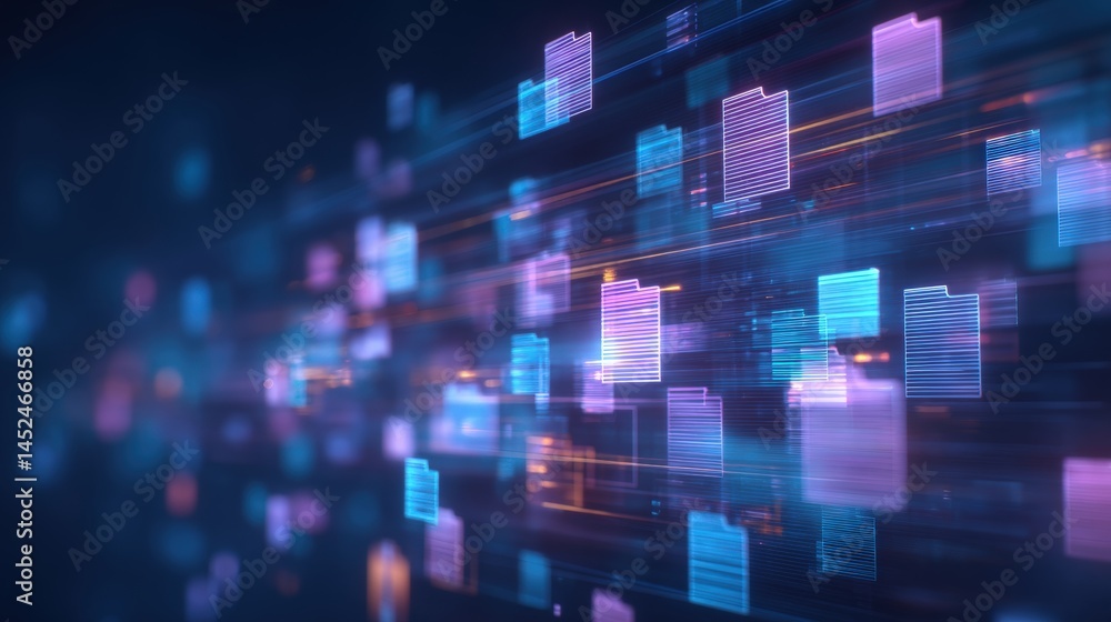 Poster abstract network grid with files and folders, futuristic software interface, digital document manage