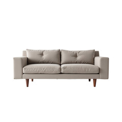 A modern, minimalist beige sofa with tufted cushions and wooden legs.