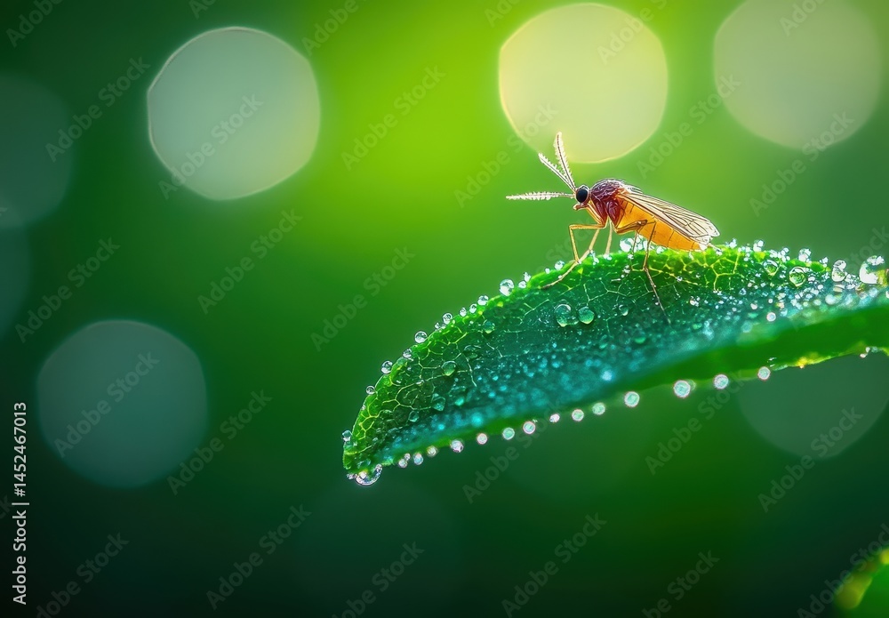 Poster close-up view of a mosquito on a dewy green leaf against a soft blurred background with circular bok