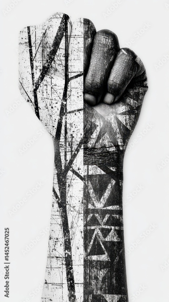 Poster double exposure illustration of hands rising in unity with abstract elements, symbolizing harmony an