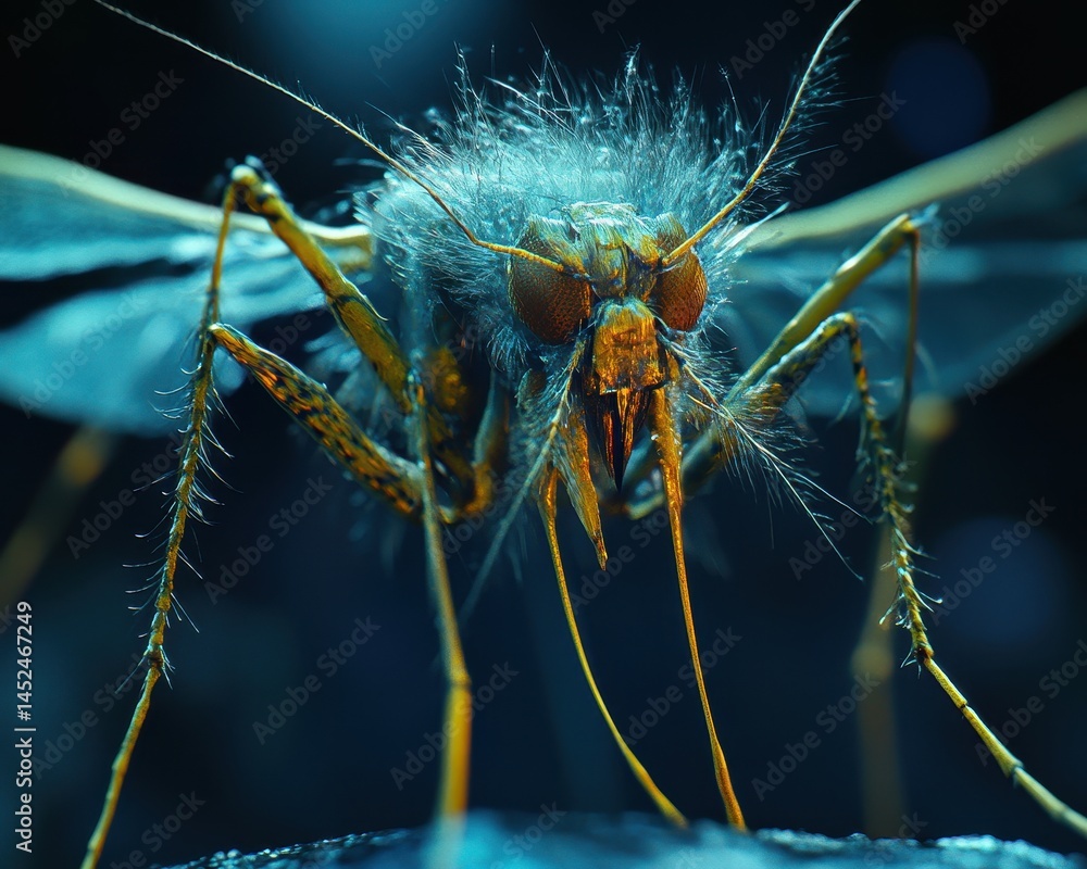 Poster close-up view of a mosquito with detailed features in a scientific setting, highlighting body struct