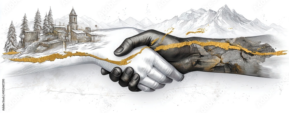 Poster harmony of hands in double exposure illustration featuring elements of nature and unity captured in 