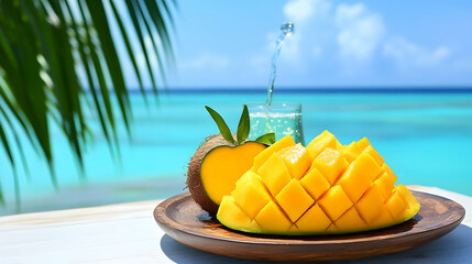 Tropical refreshment: mango, coconut and sparkling water by the tranquil sea