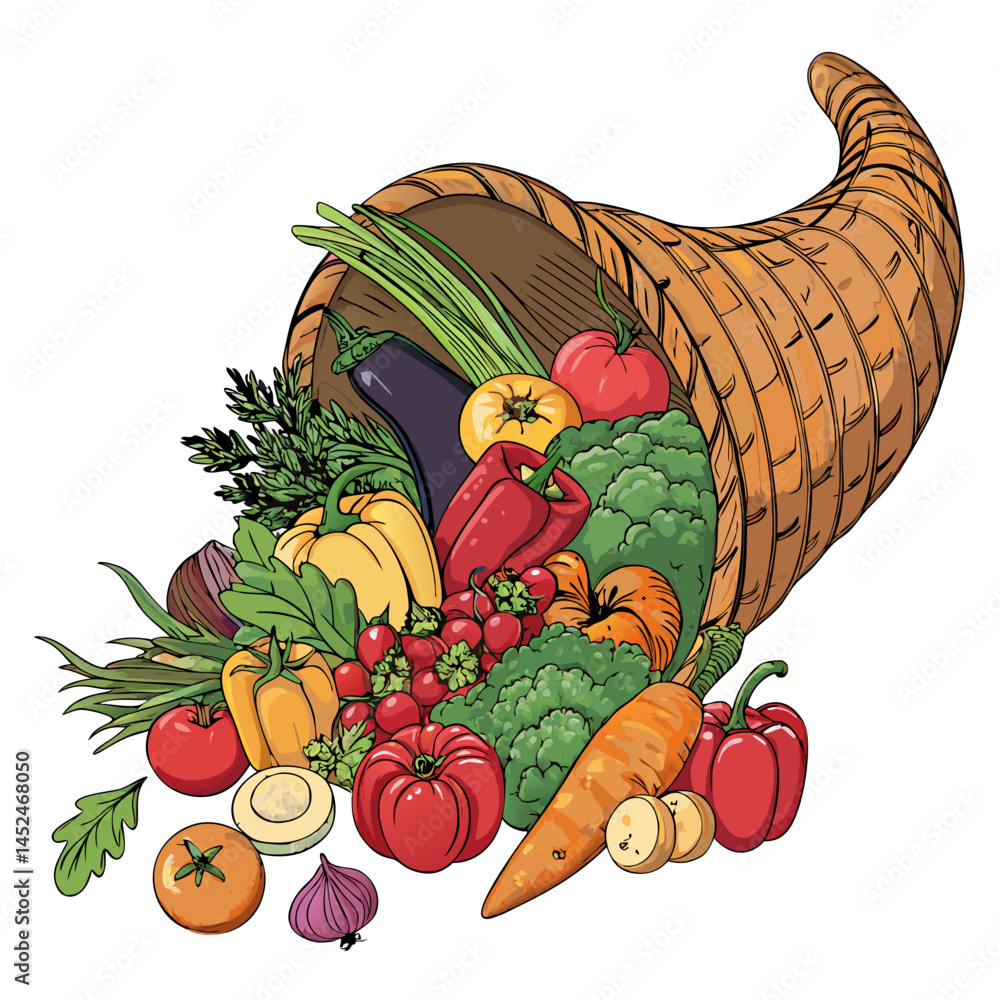 Poster create a vector illustration of a bold-stroked cornucopia overflowing with autumnal fruits and veget