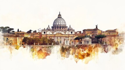 Watercolor Panorama Vatican City Picturesque