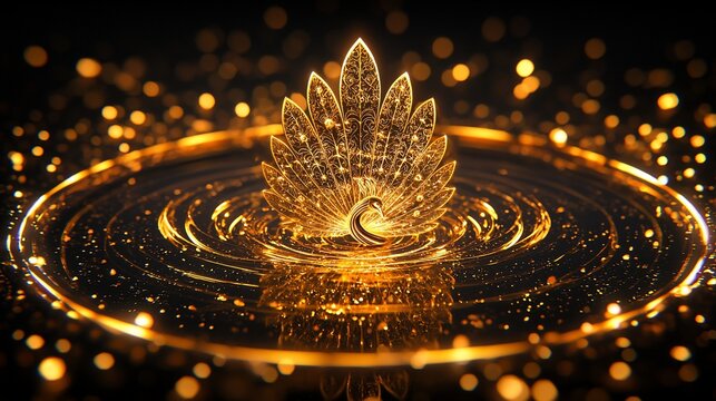 Fototapeta Golden peacock on a swirling golden surface