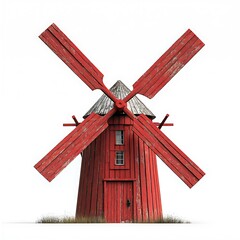 Red Wooden Windmill on a Plain