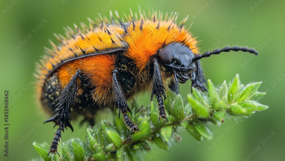 Poster close-up view of a vibrantly colored insect with spiny body and detailed texture on a leaf surrounde