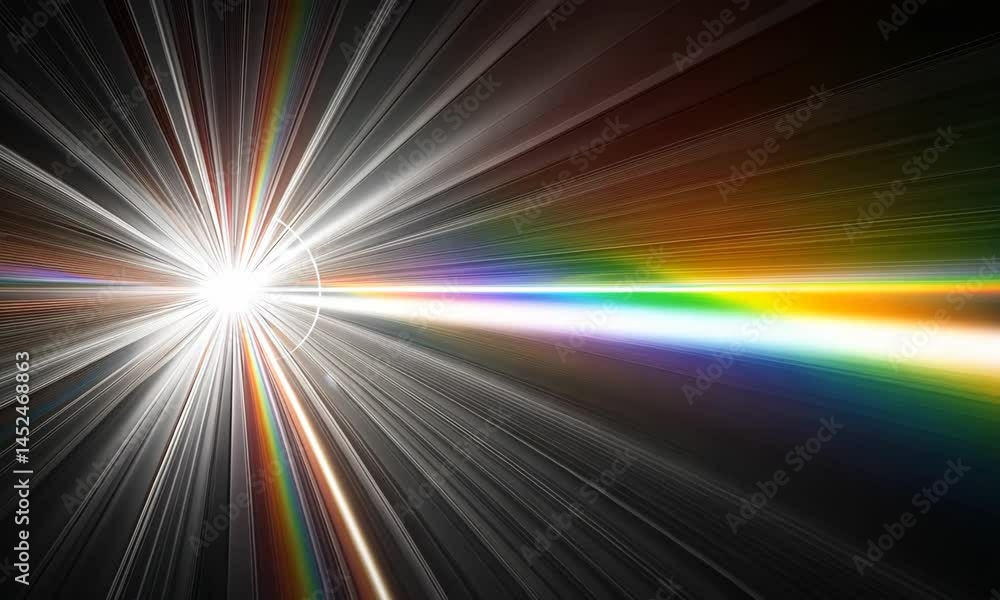 Poster dynamic spectrum burst with rainbow light rays and vivid prismatic beams