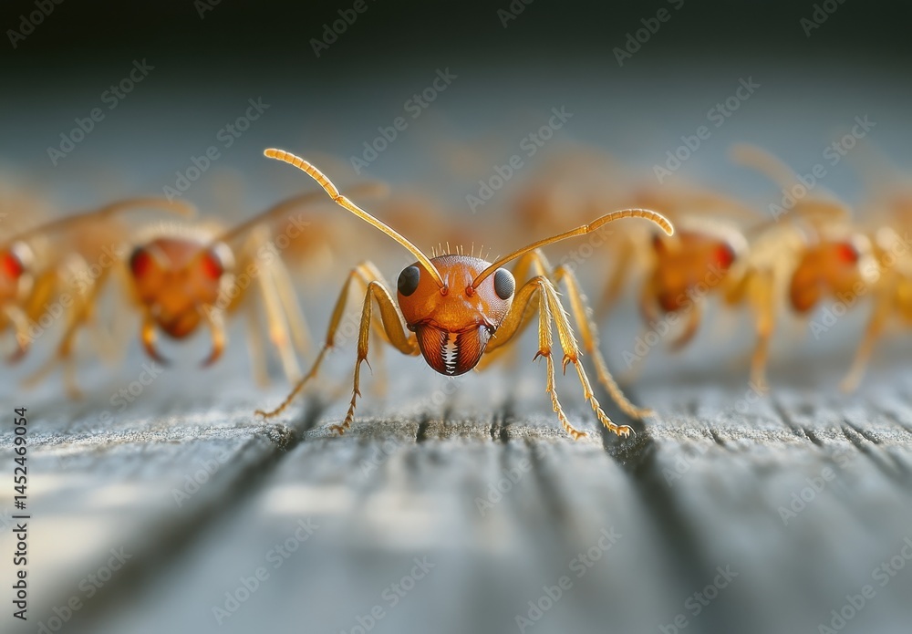 Poster close-up view of an ant with detailed features displaying antennae and eyes surrounded by fellow ant