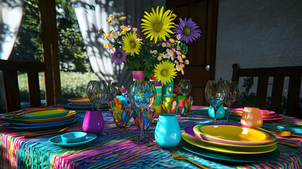 Colorful floral centerpiece on a vibrant table setting, showcasing a variety of bright dishes and glasses, placed outdoors in a sunlit porch setting