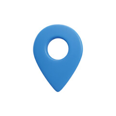 Modern 3D blue map pin icon with circular center hole, symbolizing location, GPS, or navigation, isolated on a transparent background, png, cutout
