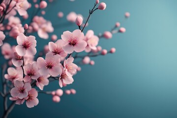 Delicate pink blossoms against a serene blue backdrop, soft and serene, inviting tranquility