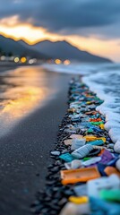Colorful Plastic Waste on Dark Sandy Beach at Sunset