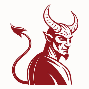 Create a bold, vector illustration of a devil with prominent horns, thick black stroke, menacing expression.  High detail, strong lines.