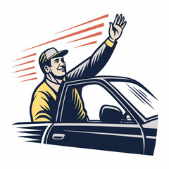 Create a bold vector illustration of a friendly taxi or rideshare driver enthusiastically waving from inside their vehicle.  Include visible car details.