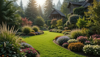 Obraz premium Serene Garden Landscape Design: Luxurious Homes nestled in Nature's Embrace