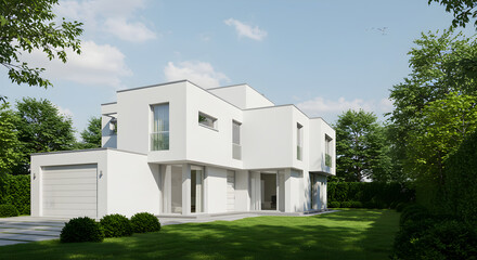 Stylish Modern Home Design With Lush Greenery And Bright Blue Sky