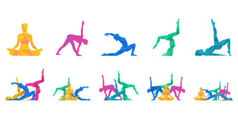 Set of colorful yoga day pose. Yoga pose with lowpoly pattern vector isolated.