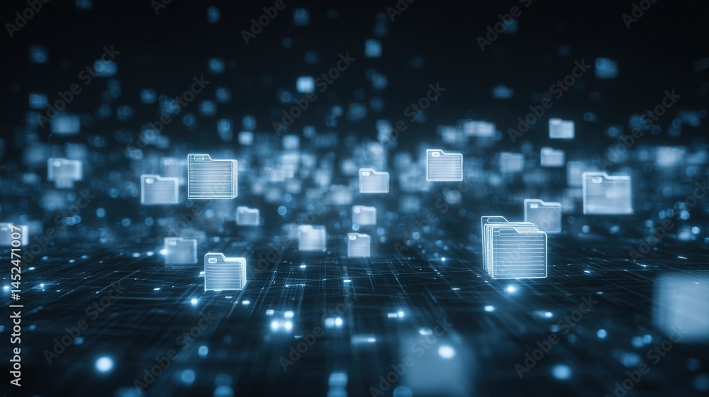 Poster abstract network grid with files and folders, futuristic software interface, digital document manage