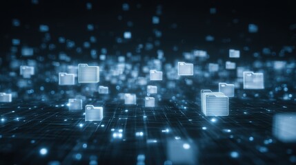 Abstract network grid with files and folders, futuristic software interface, digital document management system, store, search and organize documents, corporate business, paperless office,	
