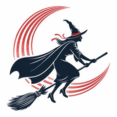 Create a bold, vector illustration of a witch flying on a broomstick, emphasizing strong outlines and vibrant colors.  The style should be whimsical yet powerful.