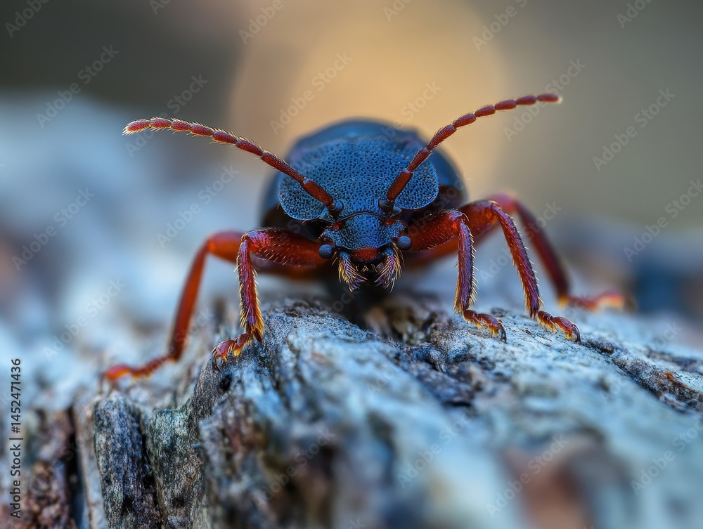 Poster close-up view of colorful beetle on tree bark, macro photography of insect with detailed texture and